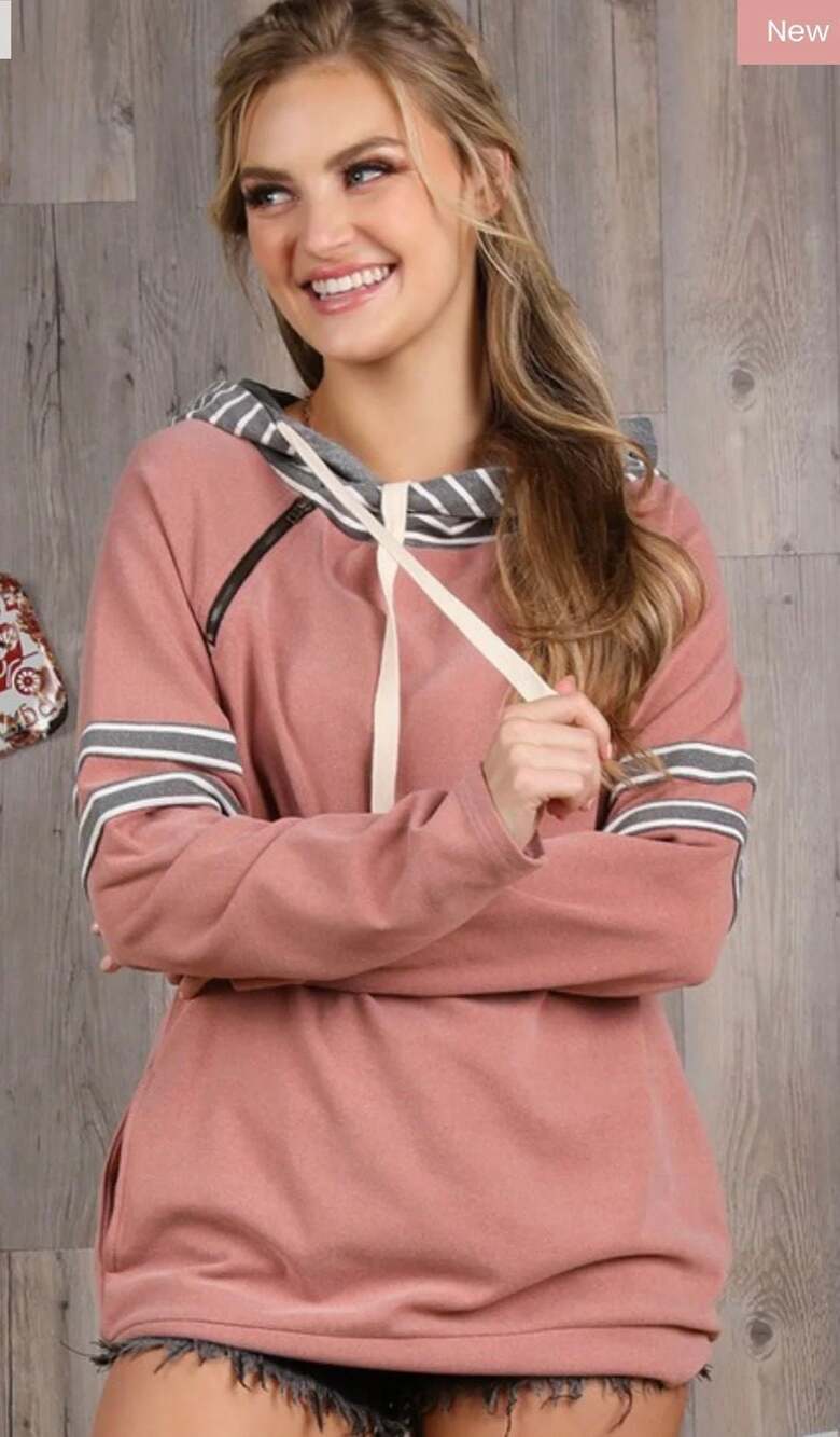 Doublju Size Small Women's Striped Accent Asymmetric Zipper Pullover Hoodie